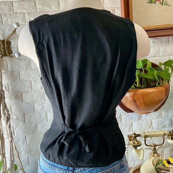 SOLD Vintage 1990s Velvet + Metallic Patterned Whimsigoth Tie Back Vest - Picture 7 of 13